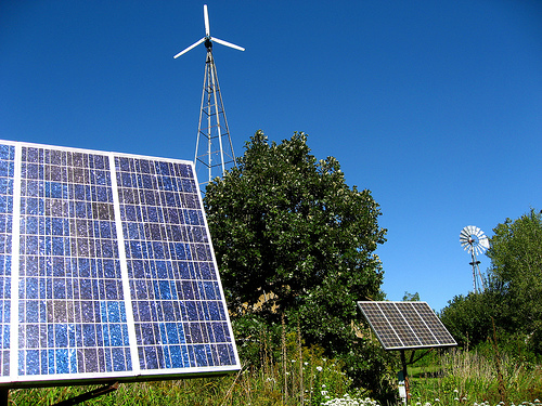 Solar panel and wind generator in field